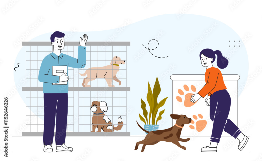 People in animal shelter. Man and woman near cages with dogs. Volunteers and activists. Generosity and kindness. People care about pets and domestic animals. Linear vector illustration People in animal shelter. Man and woman near cages with dogs. Volunteers and activists. Generosity and kindness. People care about pets and domestic animals. Linear vector illustration