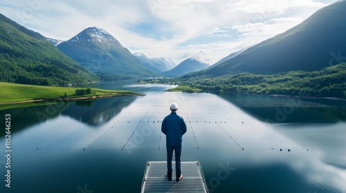 A man stands on a raft in front of a beautiful lake