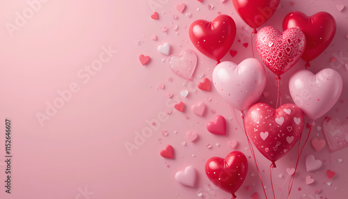 Heart-Shaped Balloons and Confetti on Pink Background, The balloons are scattered with confetti and create a celebratory and romantic atmosphere,