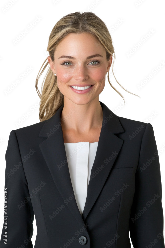 A woman wearing a black suit and white shirt A woman wearing a black suit and white shirt