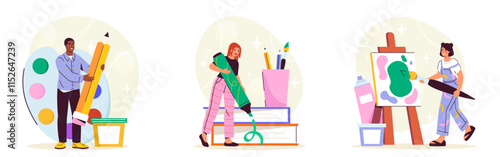 Set of people with art. Man with large pencil, woman drawn with marker and girl with canvas. Creativity and art. Hobby and leisure. Flat vector collection