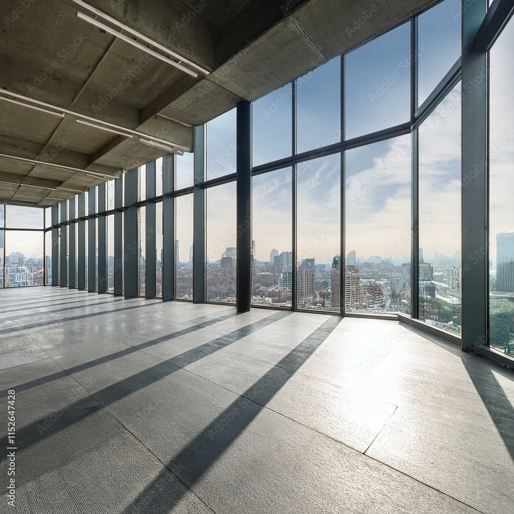 Fototapeta premium Modern office building with windows - Modern concrete gallery interior with city view