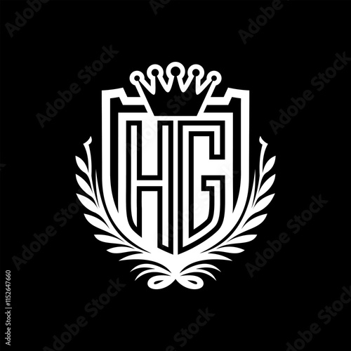 HG Letter logo heraldic shield shape with crown on black background template design photo