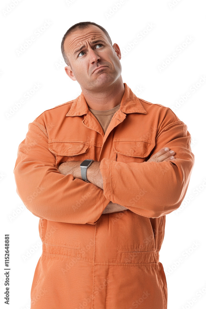 A man in an orange jumpsuit is looking down A man in an orange jumpsuit is looking down