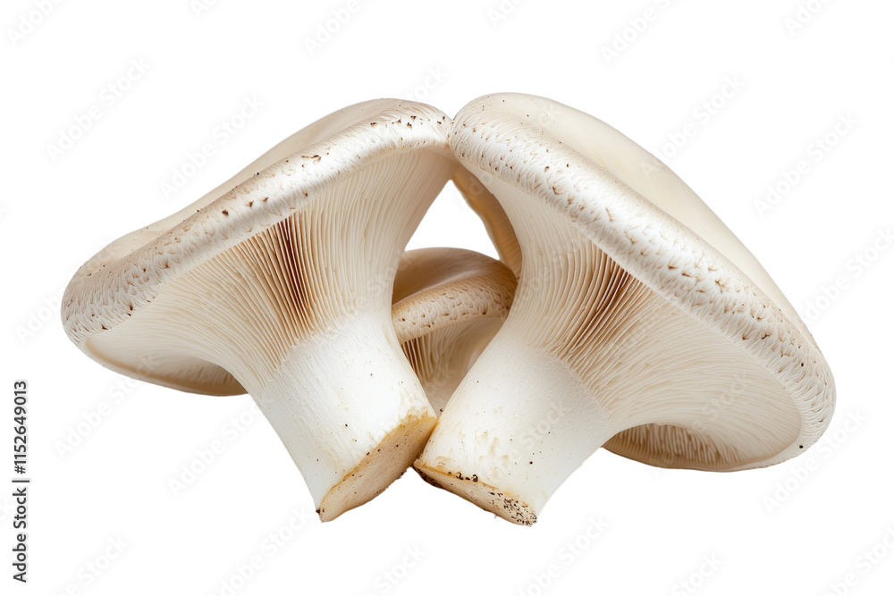 Three mushrooms are sitting on a white background Three mushrooms are sitting on a white background