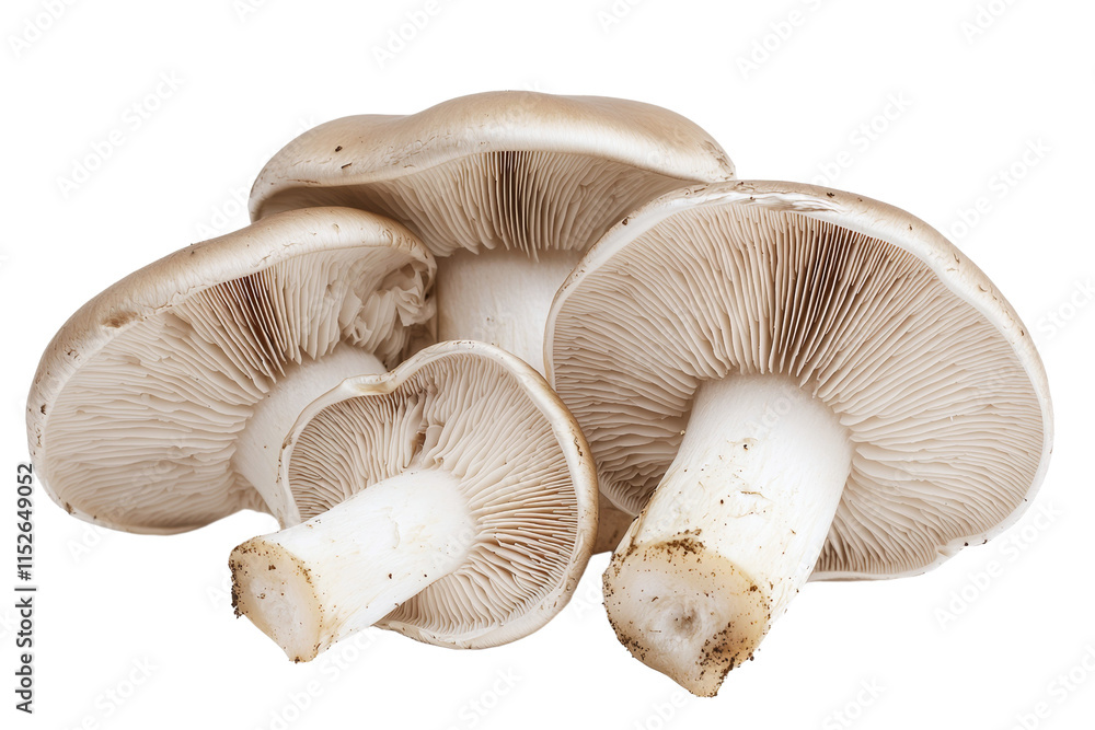 Four mushrooms are shown on a white background Four mushrooms are shown on a white background