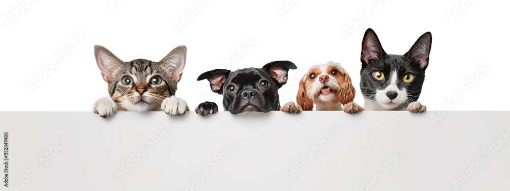 Obraz premium High-Quality PNG Cats and Dogs Peeking Over White Web Banner Isolated on White Background – High Resolution