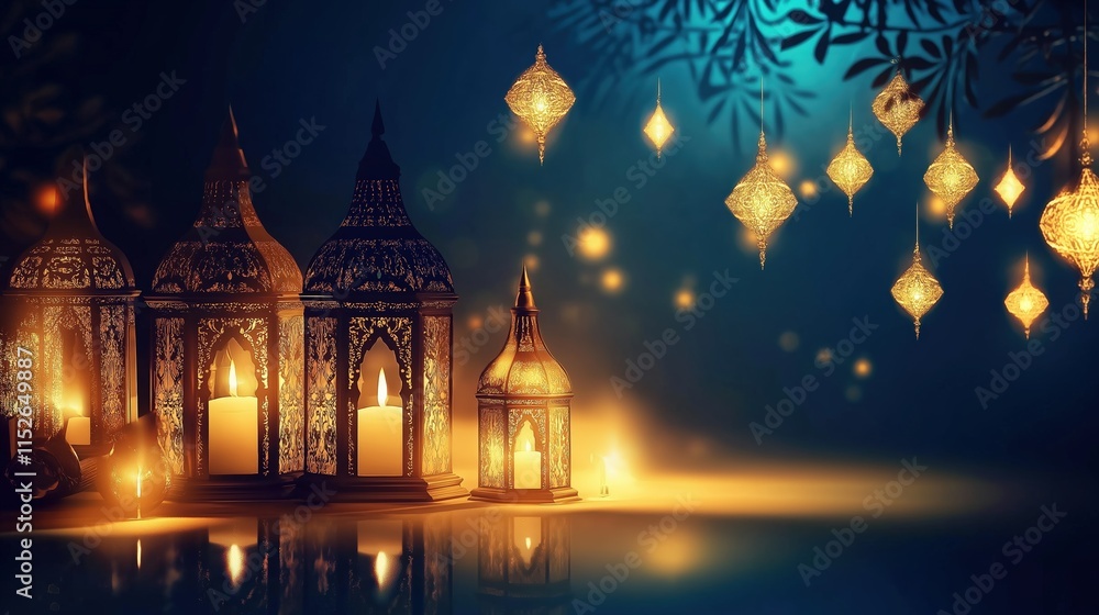 Fototapeta premium Cluster of glowing lanterns with intricate designs illuminating the night, creating a festive Ramadan ambiance