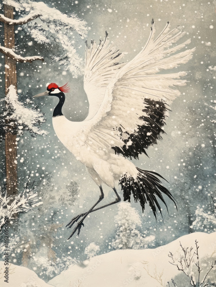 Obraz premium Red crowned crane in snowy winter landscape