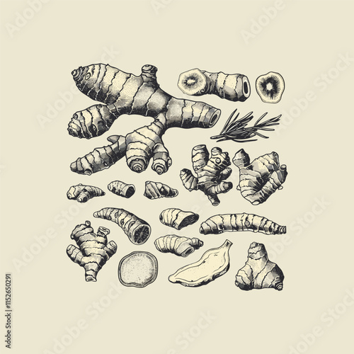 Set of ginger engraving design vector template