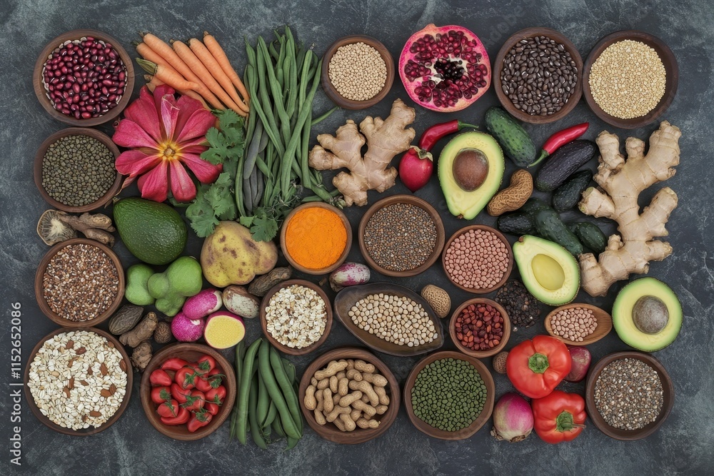 Diverse array of healthy foods including fruits, vegetables, legumes, and grains. Diverse array of healthy foods including fruits, vegetables, legumes, and grains.
