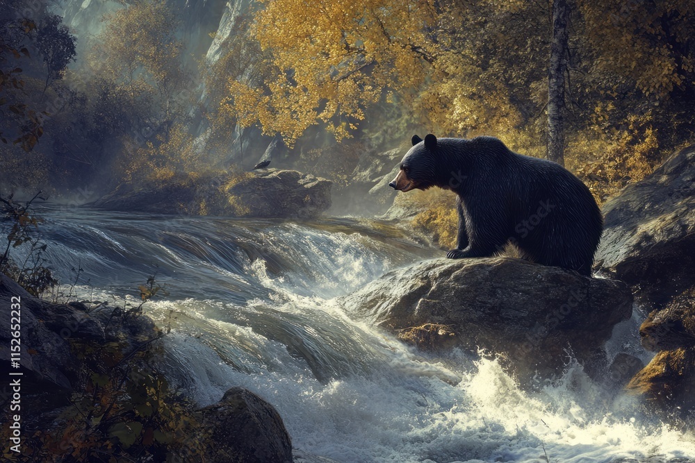 Black Bear by Autumn Waterfall in Misty Forest Black Bear by Autumn Waterfall in Misty Forest