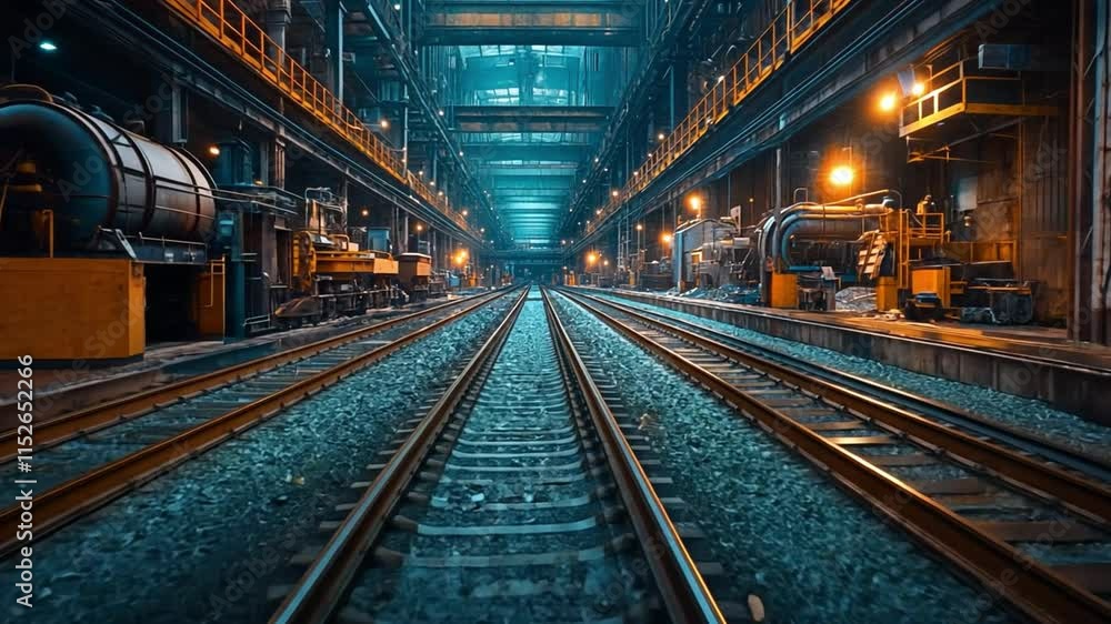 Industrial Railroad Tracks: A stark and dramatic image of railroad tracks stretching towards the horizon in a vast industrial complex, capturing the raw power and industrial might of a bygone era. Industrial Railroad Tracks: A stark and dramatic image of railroad tracks stretching towards the horizon in a vast industrial complex, capturing the raw power and industrial might of a bygone era.