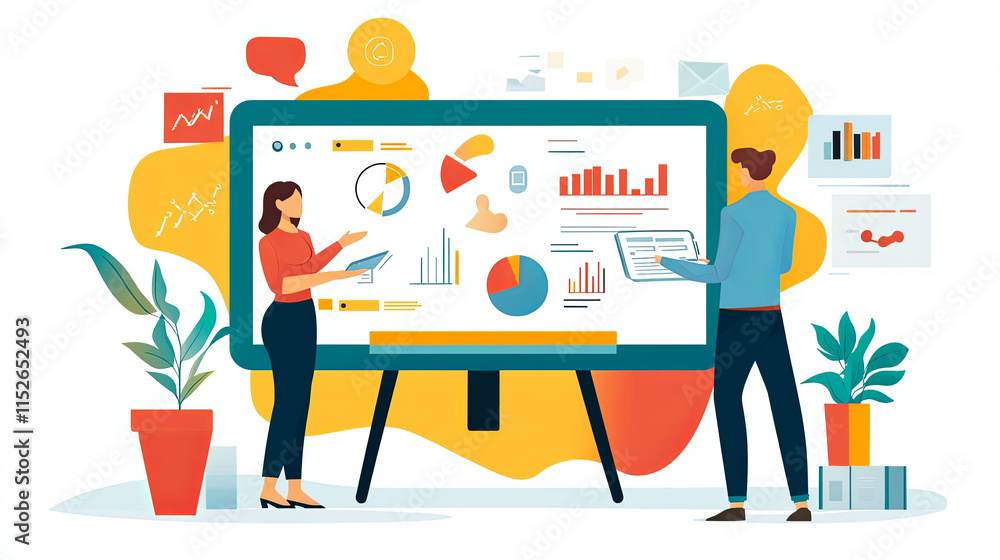 Fototapeta premium digital whiteboard displaying virtual meeting with charts and graphs. Engaging visuals enhance collaboration and communication