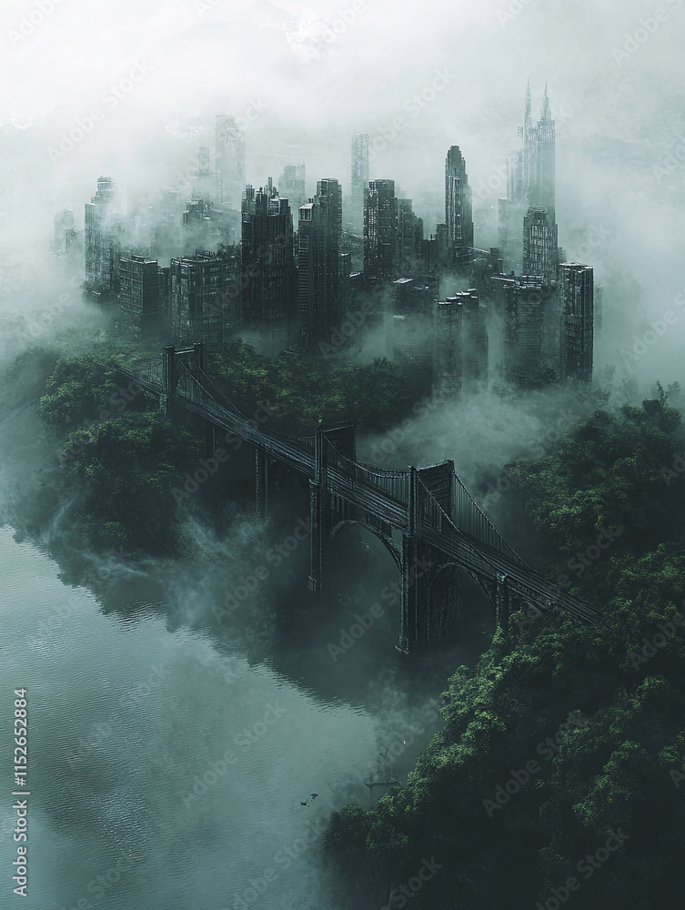 Fototapeta premium misty cityscape featuring bridge partially obscured by fog, evoking mystery and intrigue