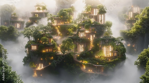 mystical mini city with botanical gardens, shrouded in fog, exudes tranquility and wonder