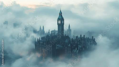 Wallpaper Mural misty cityscape featuring clock tower surrounded by fog Torontodigital.ca