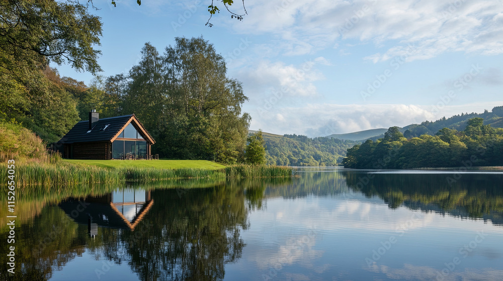 Obraz premium serene landscape featuring carbon neutral cabin by tranquil lake, surrounded by lush greenery and mountains