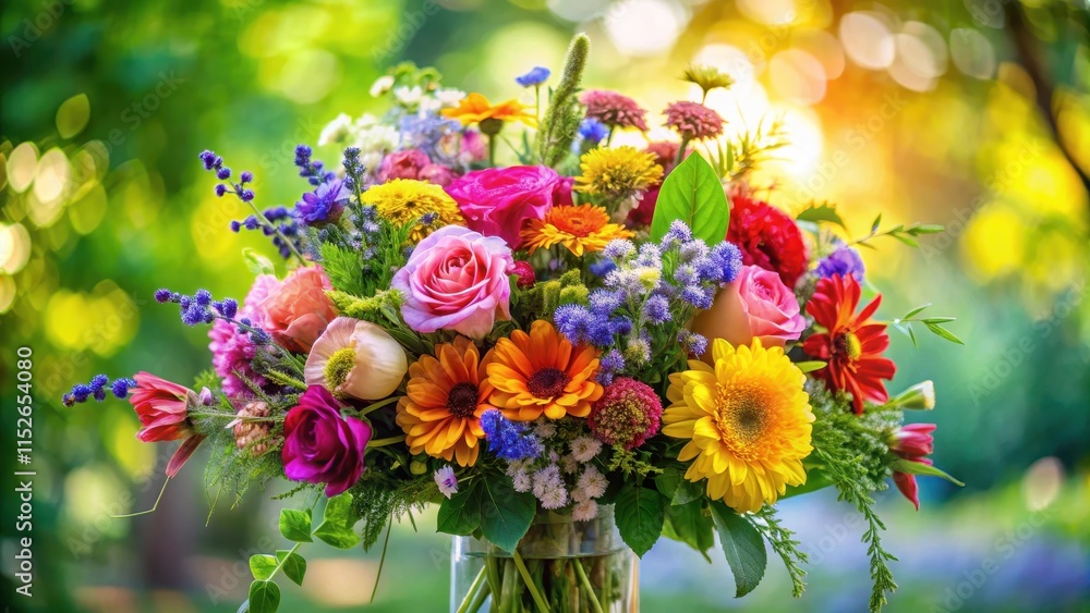 Obraz premium Vibrant Mixed Flowers Bouquet, branches, garden, branches, garden, flowers, nature, greenery, blooms, floral, flower