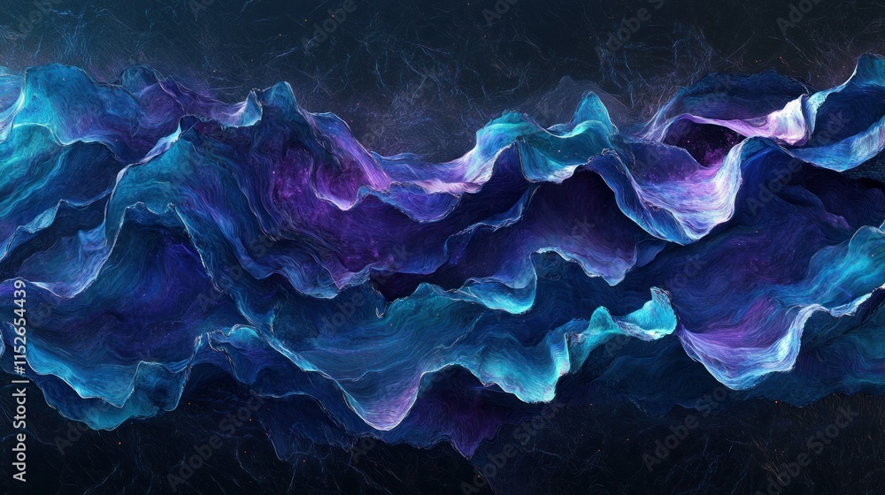Naklejka premium A photorealistic abstract design of intertwining blue and purple waves with glowing edges, flowing smoothly across a textured dark black background with soft light reflections