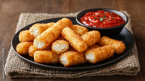 A plate of mozzarella sticks with bowl of tomato sauce