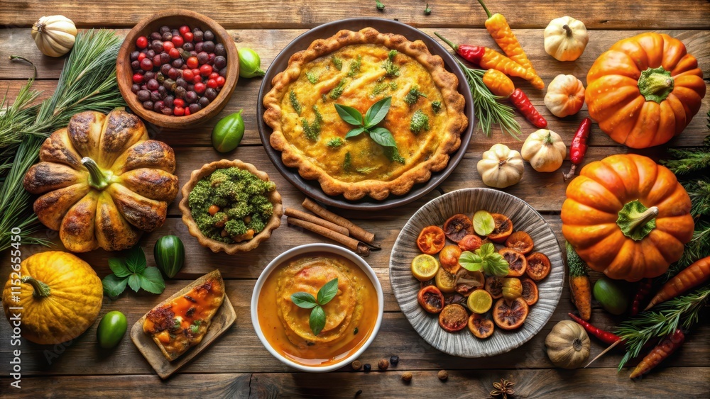 Platters of roasted vegetables and savory pies in a traditional Thanksgiving setup, rustic dinner Platters of roasted vegetables and savory pies in a traditional Thanksgiving setup, rustic dinner