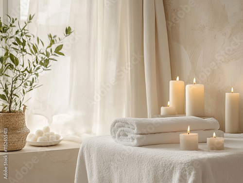 serene spa room featuring soft towels, glowing candles, and plant, creating calming atmosphere