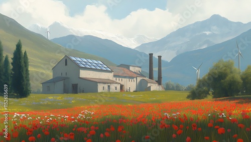 Industrial Scene with Solar and Wind Energy photo