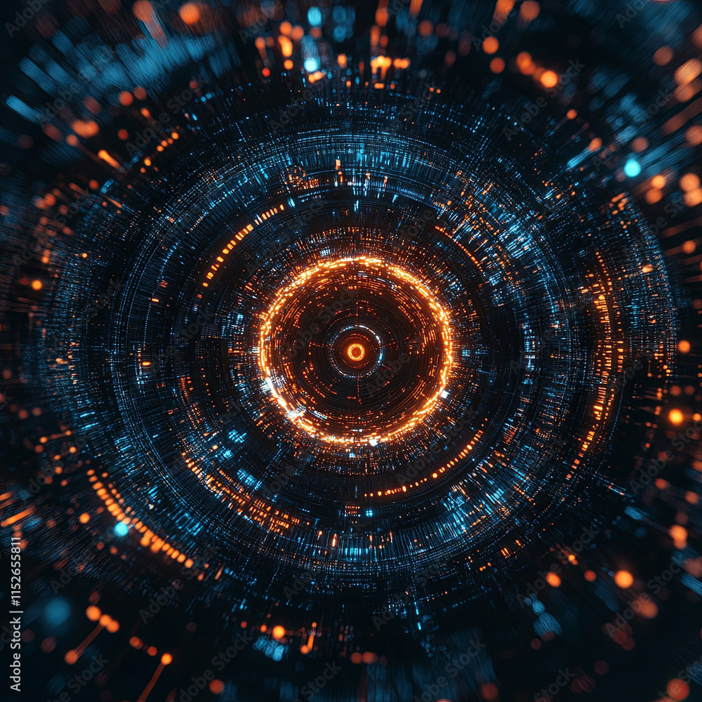 Obraz premium Abstract digital tech circle with intricate patterns and glowing lights, creating futuristic atmosphere