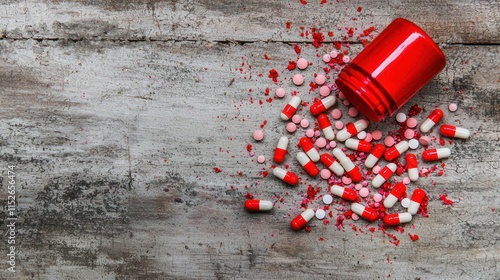 A red pill bottle tipped over, spilling red and white capsules on a textured wooden surface.