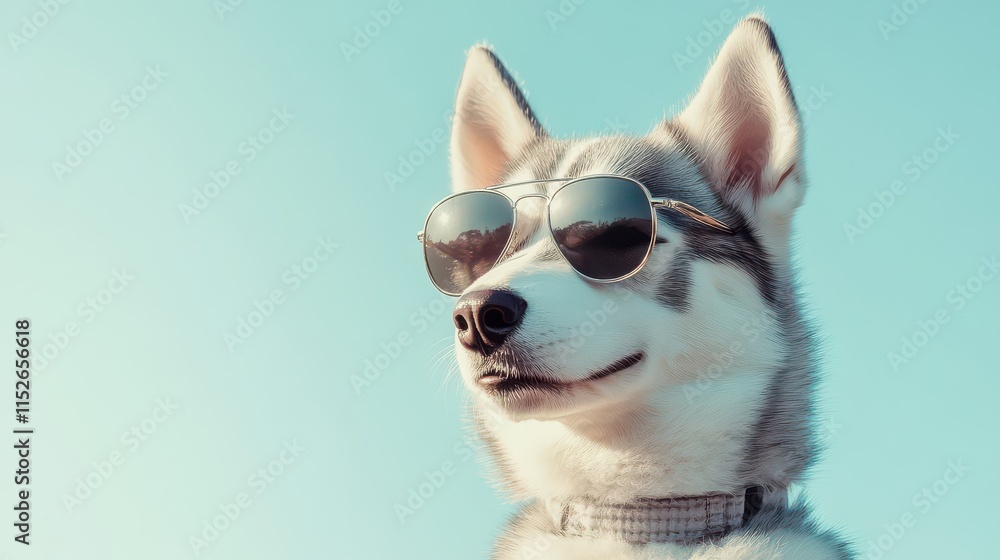 Cool Dog in Sunglasses Relaxing Under Blue Sky Cool Dog in Sunglasses Relaxing Under Blue Sky