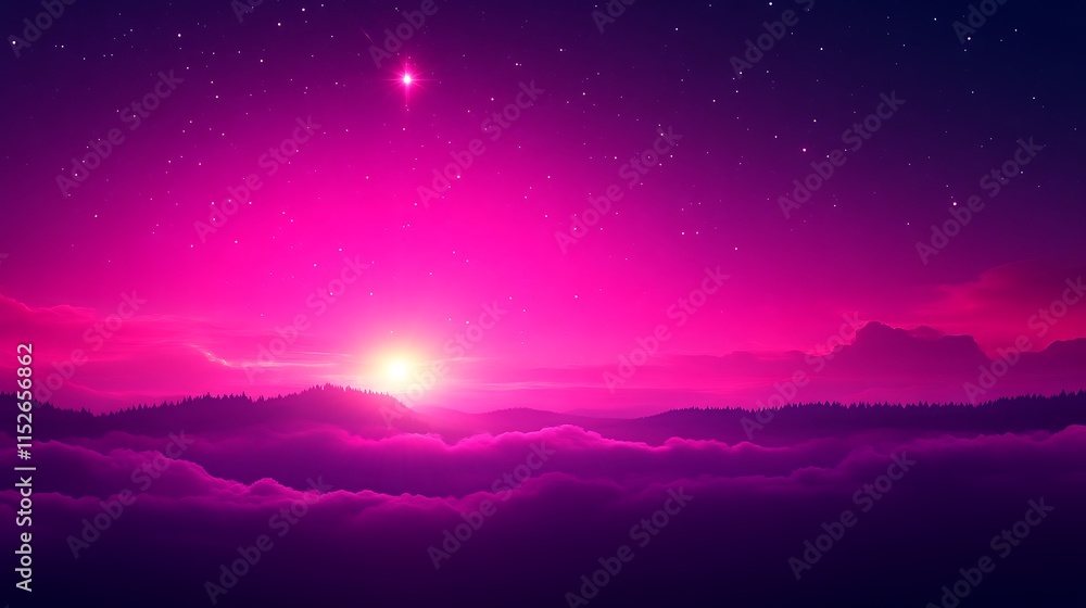 Naklejka premium Pink Sky Sunrise Over Misty Mountains And Stars