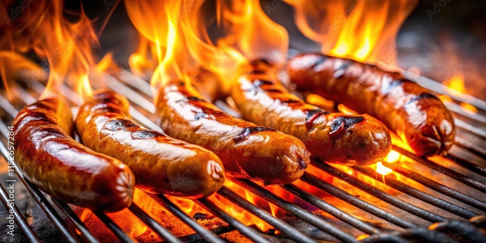 Sizzling sausages on a grill with flames, emitting smoke and heat , sizzling, cooking, sizzling, cooking, barbecue, culinary Sizzling sausages on a grill with flames, emitting smoke and heat , sizzling, cooking, sizzling, cooking, barbecue, culinary