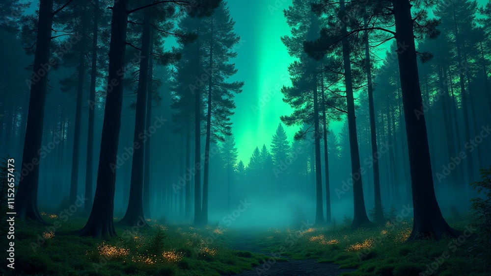 Obraz premium A magical forest under vibrant auroras, with shimmering leaves and glowing wildflowers. Mystical mist and detailed textures create a serene, enchanting tribute to Earth.