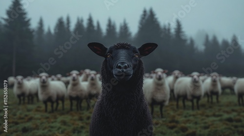 Cinematic Profile Shot of a Black Sheep in Misty Field photo