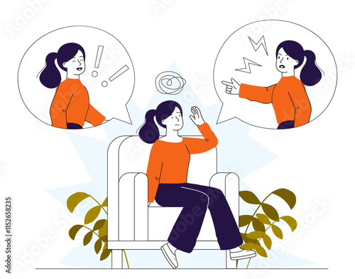 Woman suffer from bipolar disorder. Young girl with mental and psychological problems. Schizophrenia and paranoia. Mania and psychological instability. Linear vector illustration