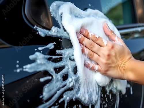 Washing a Black Car with Foaming Wash Mitt - Outdoor Detailing AI Generated photo