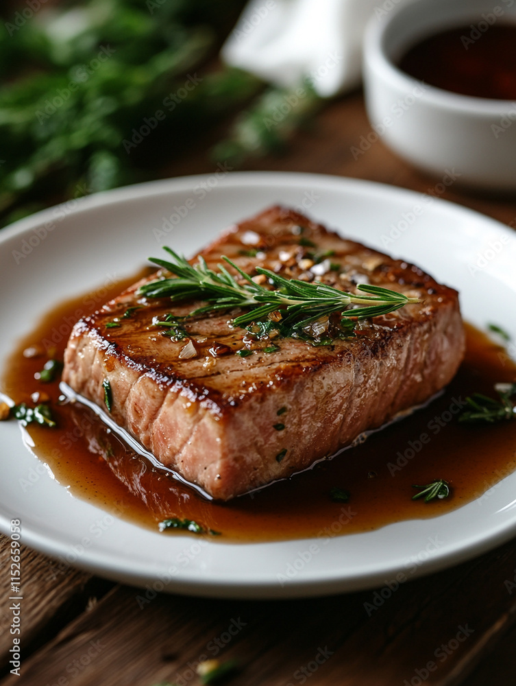 Elegant grilled salmon with herbs on a white plate Elegant grilled salmon with herbs on a white plate