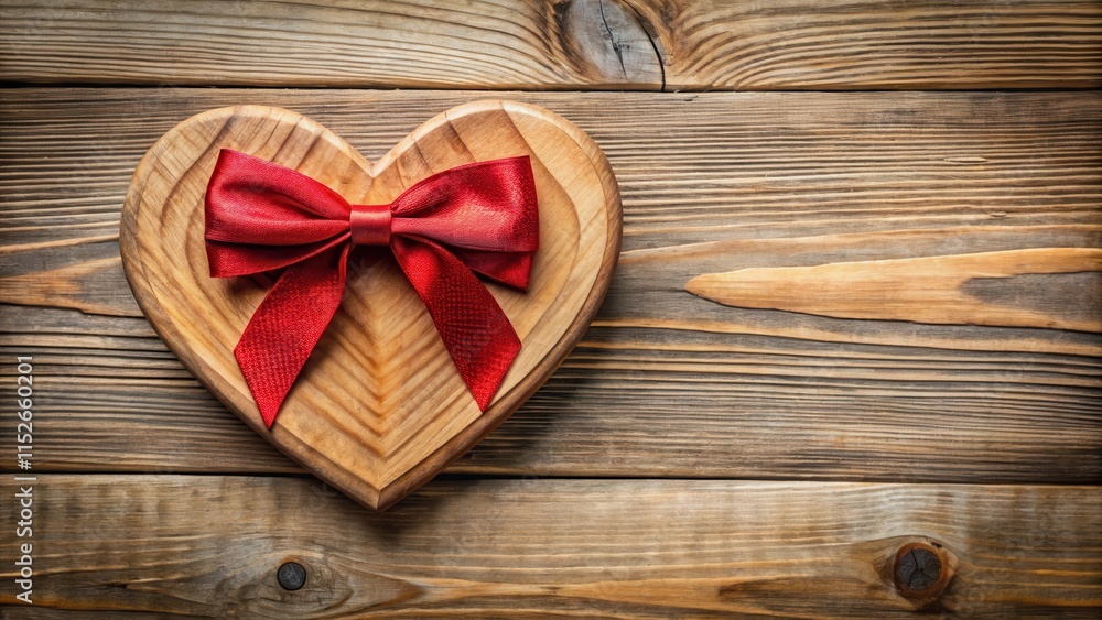 Fototapeta premium Colorful red bow tied around a wooden Valentine's Day heart decoration , holiday decoration , decor, holiday decoration