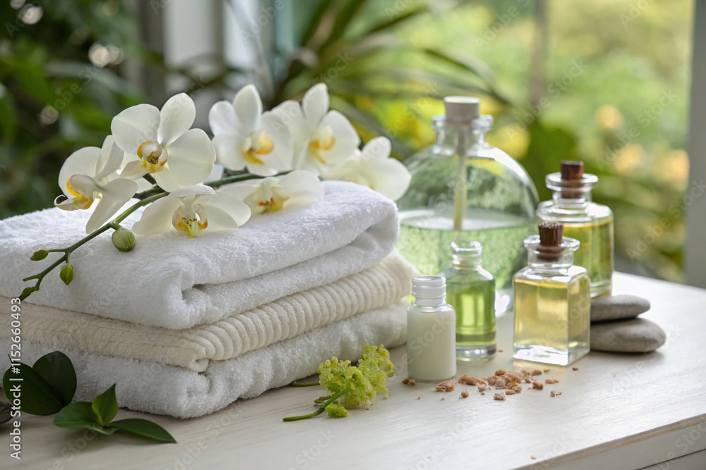 spa setting with towel and orchid spa setting with towel and orchid