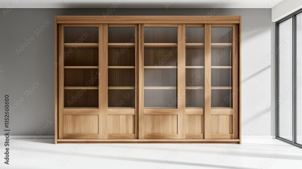 Modern wooden bookcase with sliding glass doors in bright room. Modern wooden bookcase with sliding glass doors in bright room.