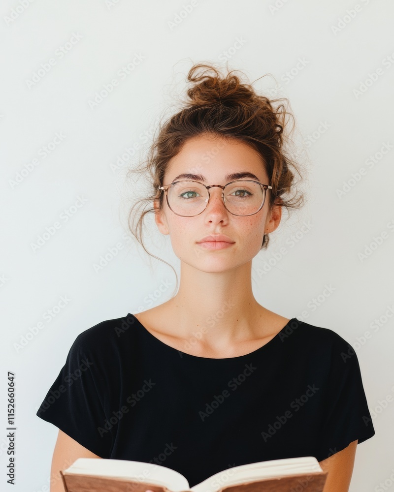 Focused Young Woman Reading in Minimalist Setting with Creative Ambience Focused Young Woman Reading in Minimalist Setting with Creative Ambience