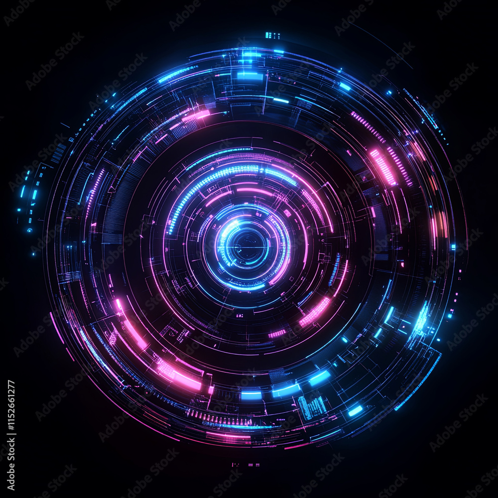 Sleek digital technology circle with vibrant neon colors and holographic effects Sleek digital technology circle with vibrant neon colors and holographic effects