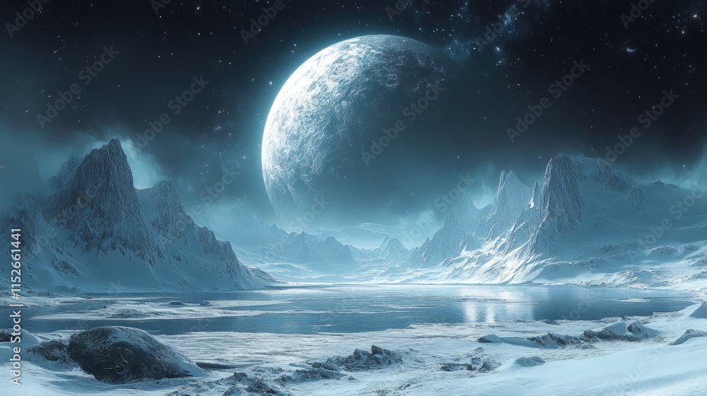 Frozen alien landscape; large moon, snowy mountains. Frozen alien landscape; large moon, snowy mountains.