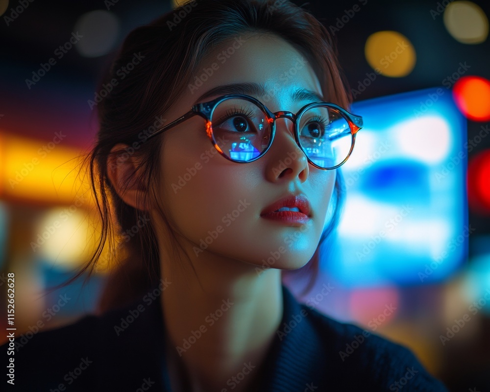 Intense Focus of a Korean Woman in Cinematic Lighting with Screen Reflection