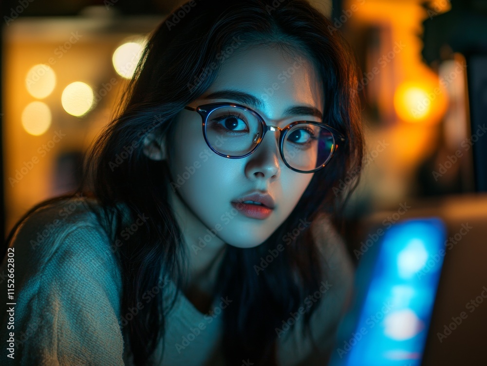 Reflective Focus Korean Woman Engaged with Cinematic Documentary in Surreal Light Reflective Focus Korean Woman Engaged with Cinematic Documentary in Surreal Light