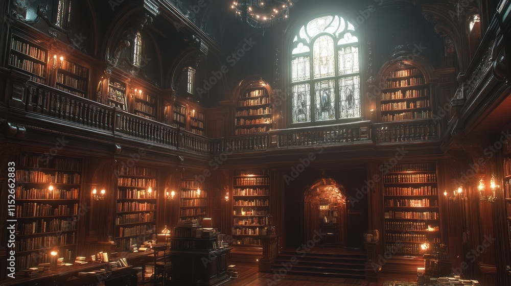 A grand, dimly lit library filled with books and warm lighting, evoking a sense of mystery. A grand, dimly lit library filled with books and warm lighting, evoking a sense of mystery.