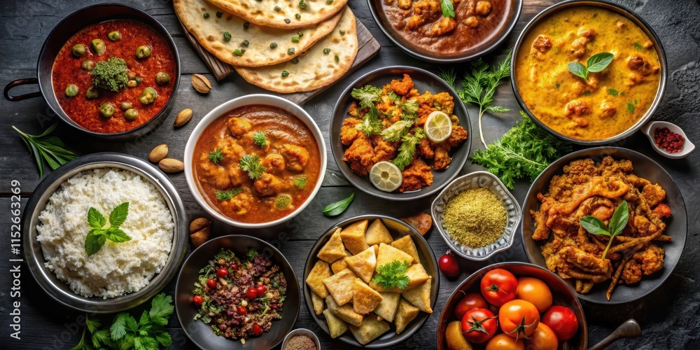Assorted Indian food dishes on black background, Indian, food, cuisine, spicy, diverse, variety, traditional, delicious, colorful Assorted Indian food dishes on black background, Indian, food, cuisine, spicy, diverse, variety, traditional, delicious, colorful