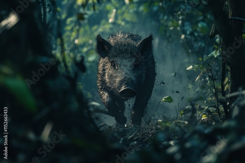 Wild Boar Running Through Forest Undergrowth photo