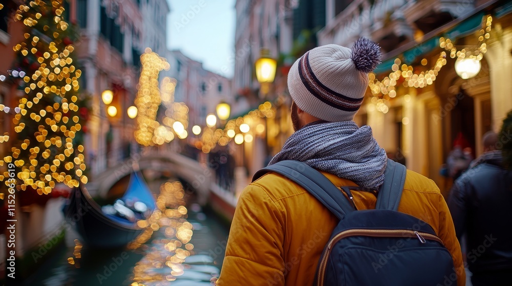 Obraz premium Venice Winter Wonderland Tourist with Backpack Explores